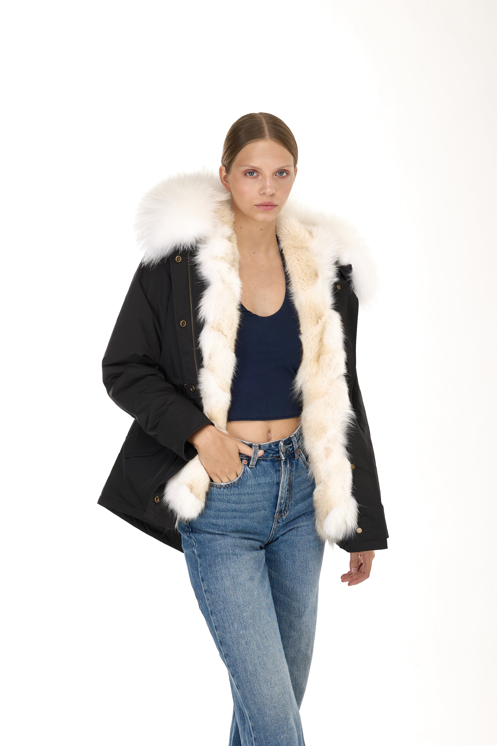 Urban WHITE short parka in waterproof cotton blend with coyote vest