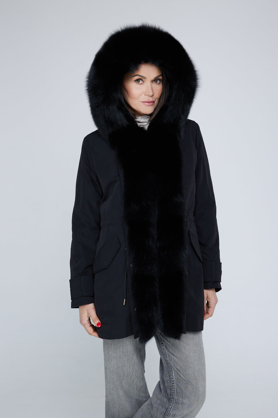 Long black waterproof technical cotton parka