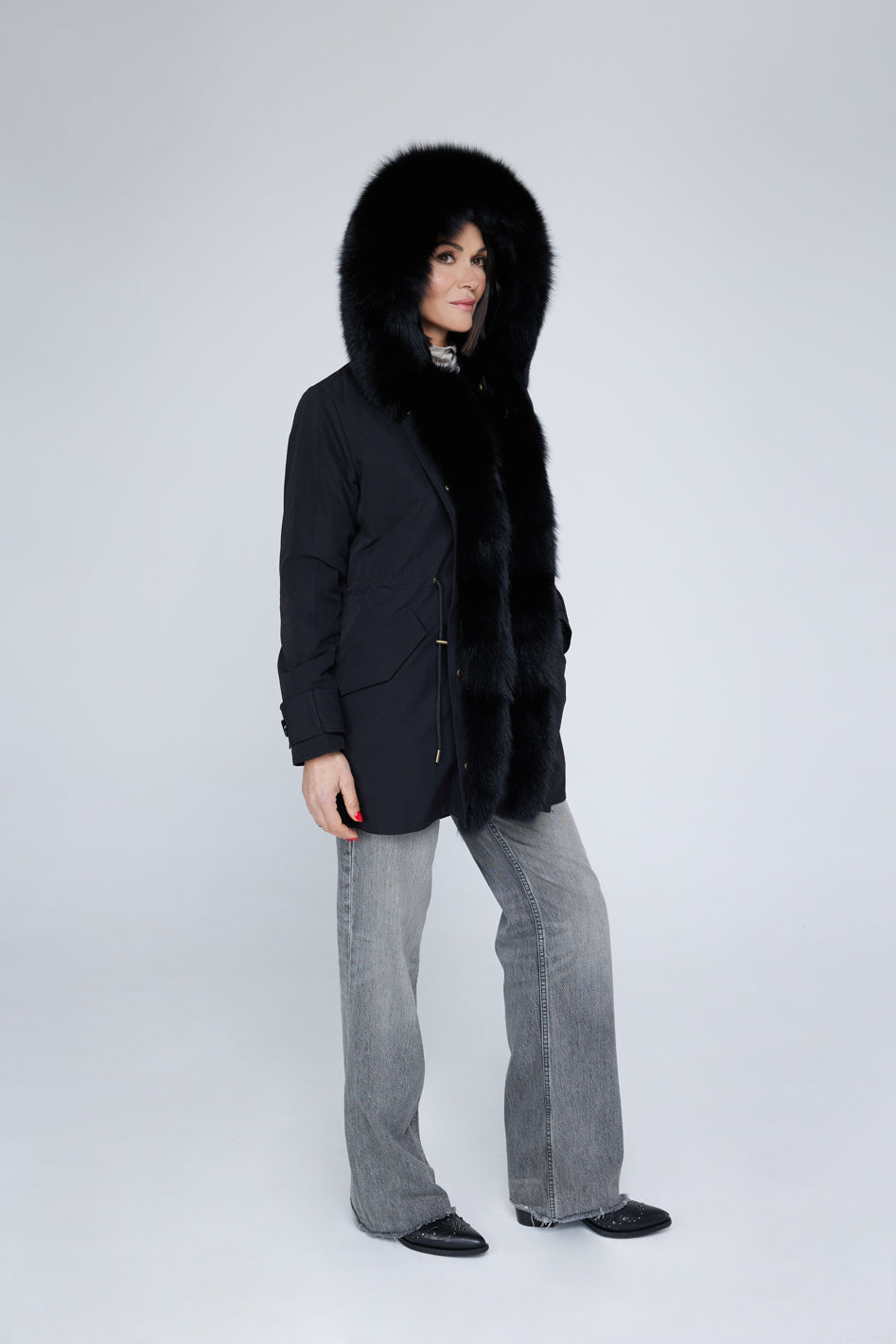 Long black waterproof technical cotton parka