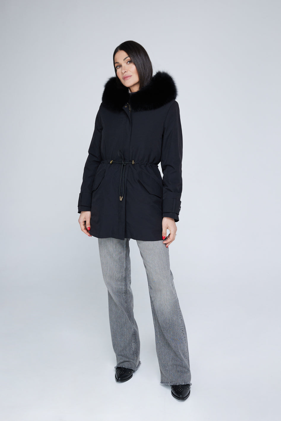 Long black waterproof technical cotton parka