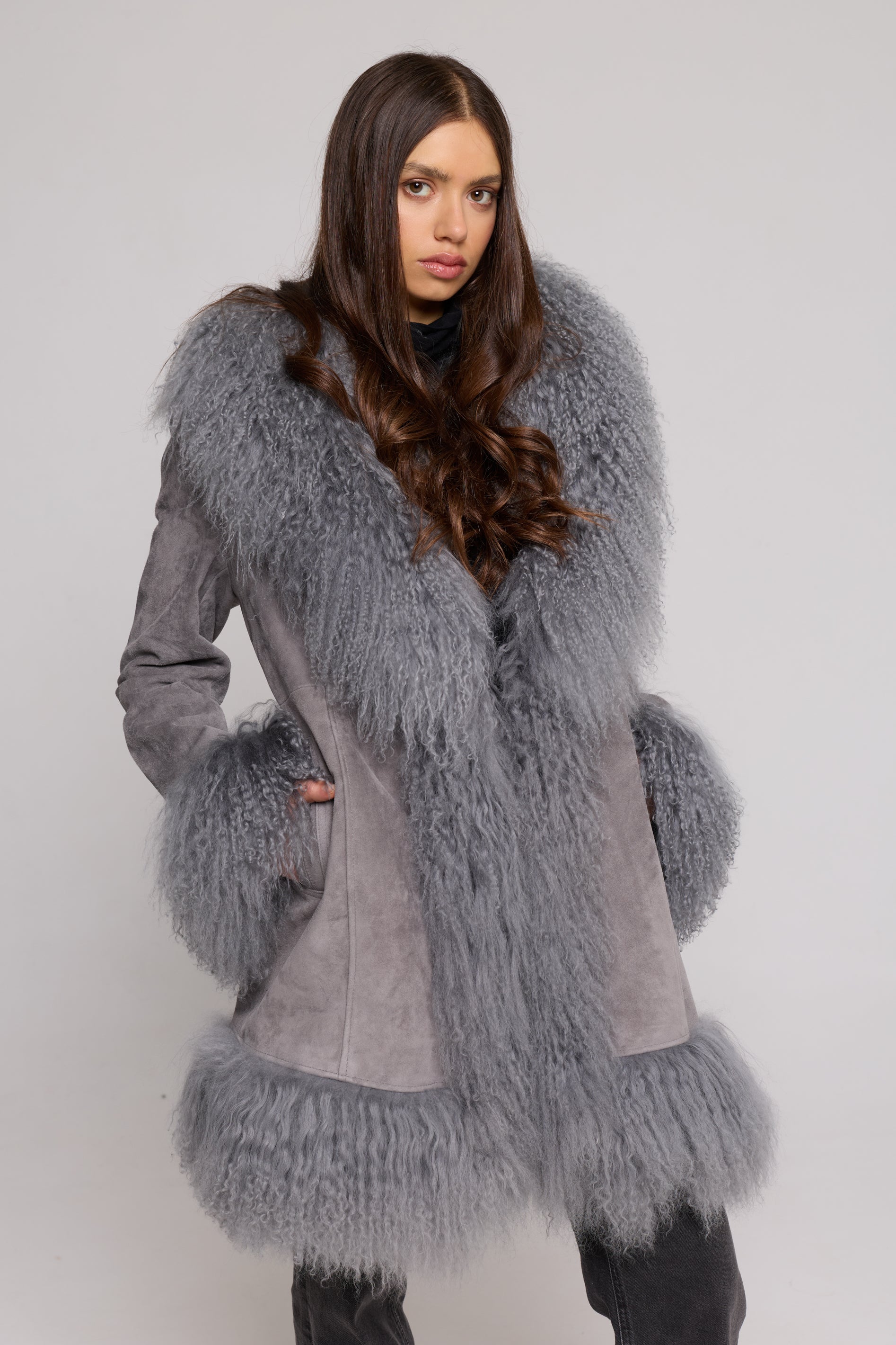 Mongolia Suede Long Jacket GRAY