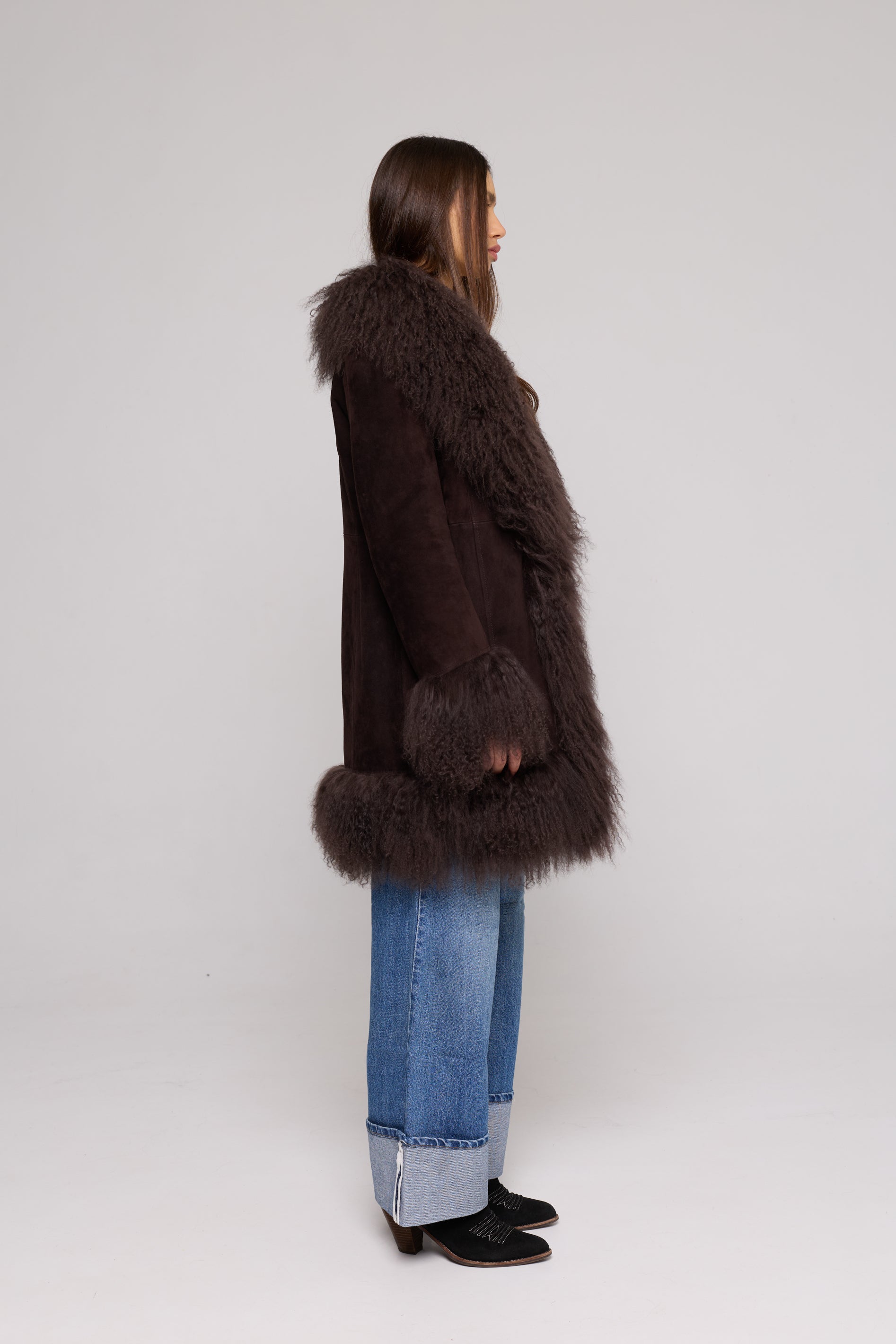 Mongolia Suede Long Jacket Brown