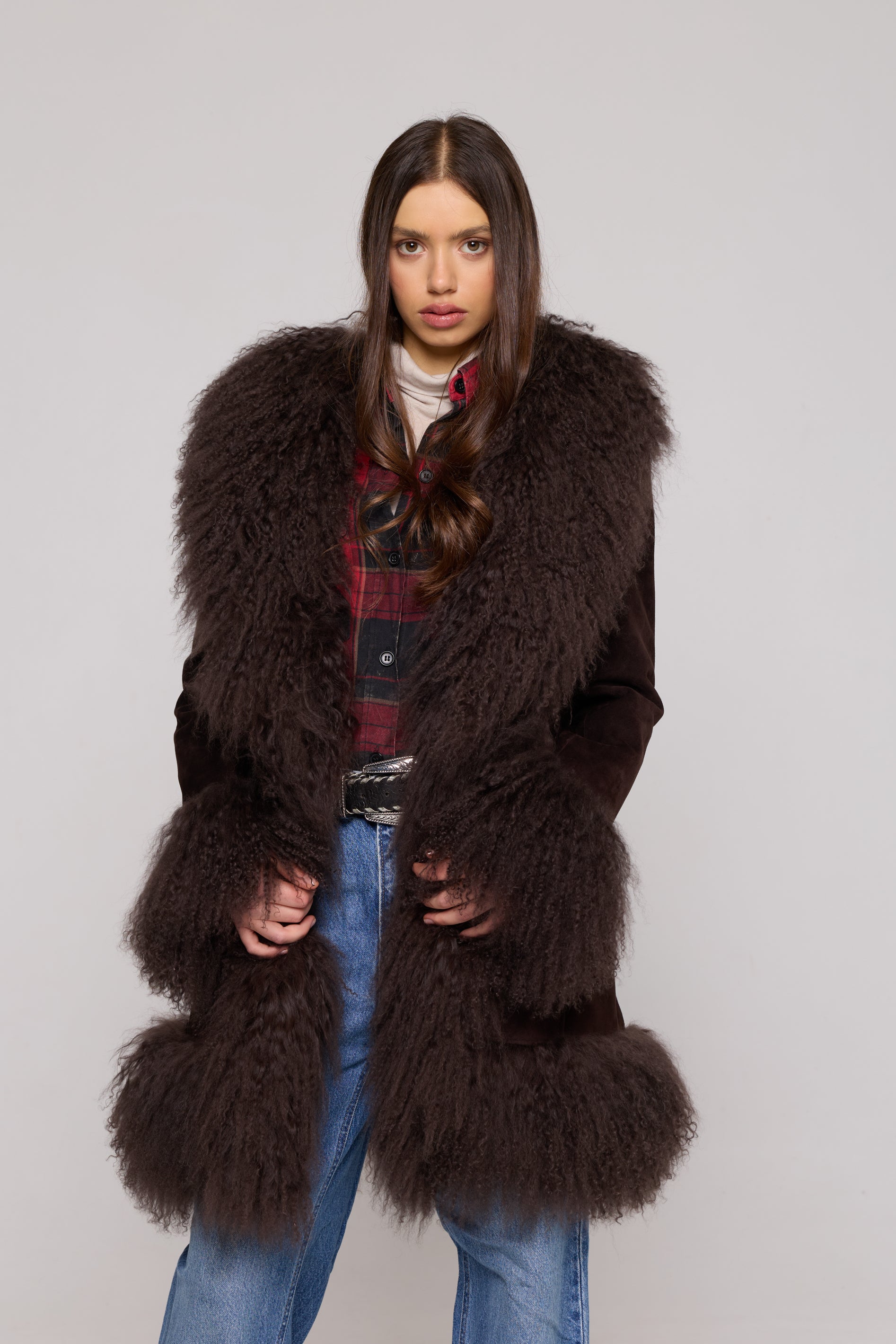 Mongolia Suede Long Jacket Brown