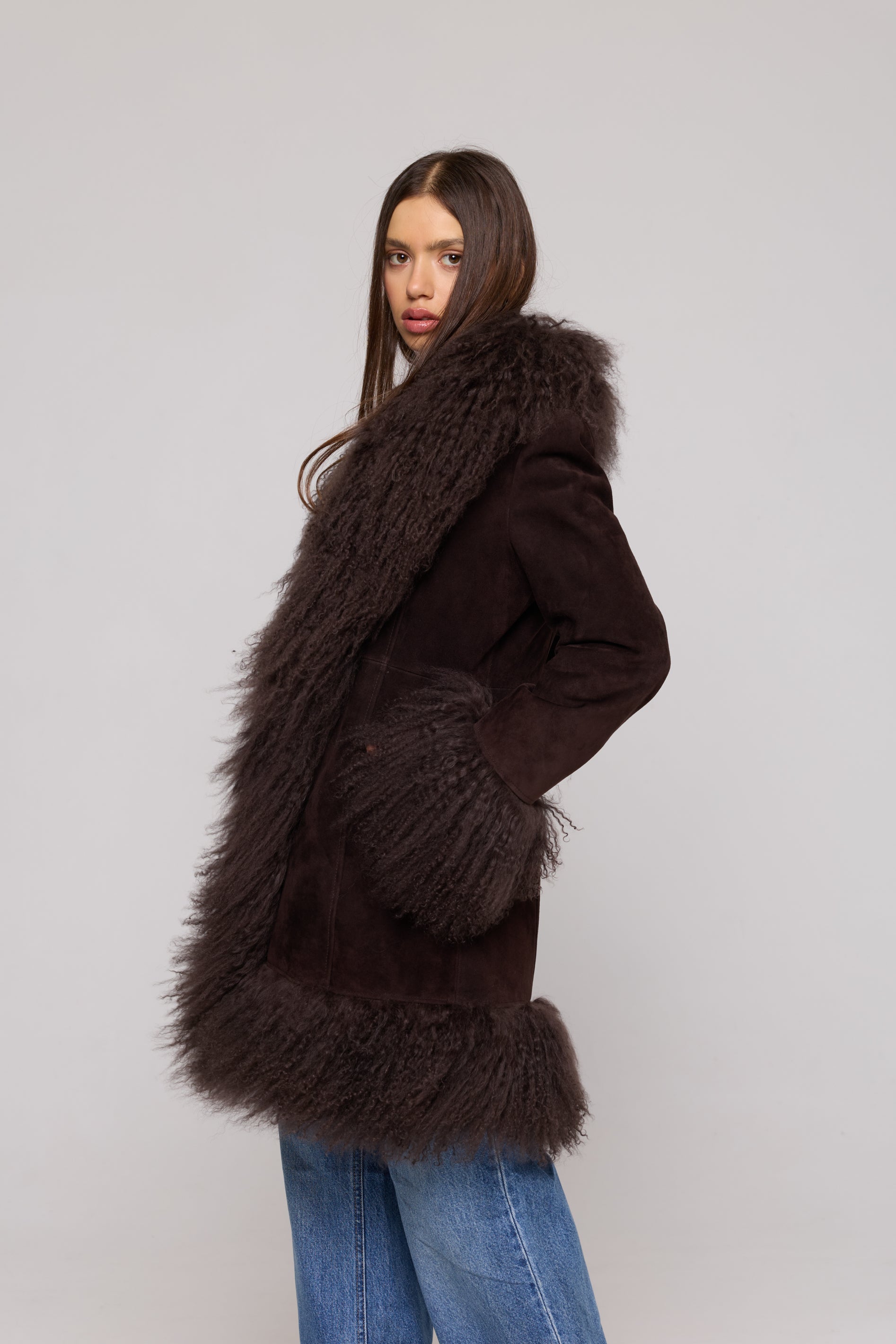 Mongolia Suede Long Jacket Brown