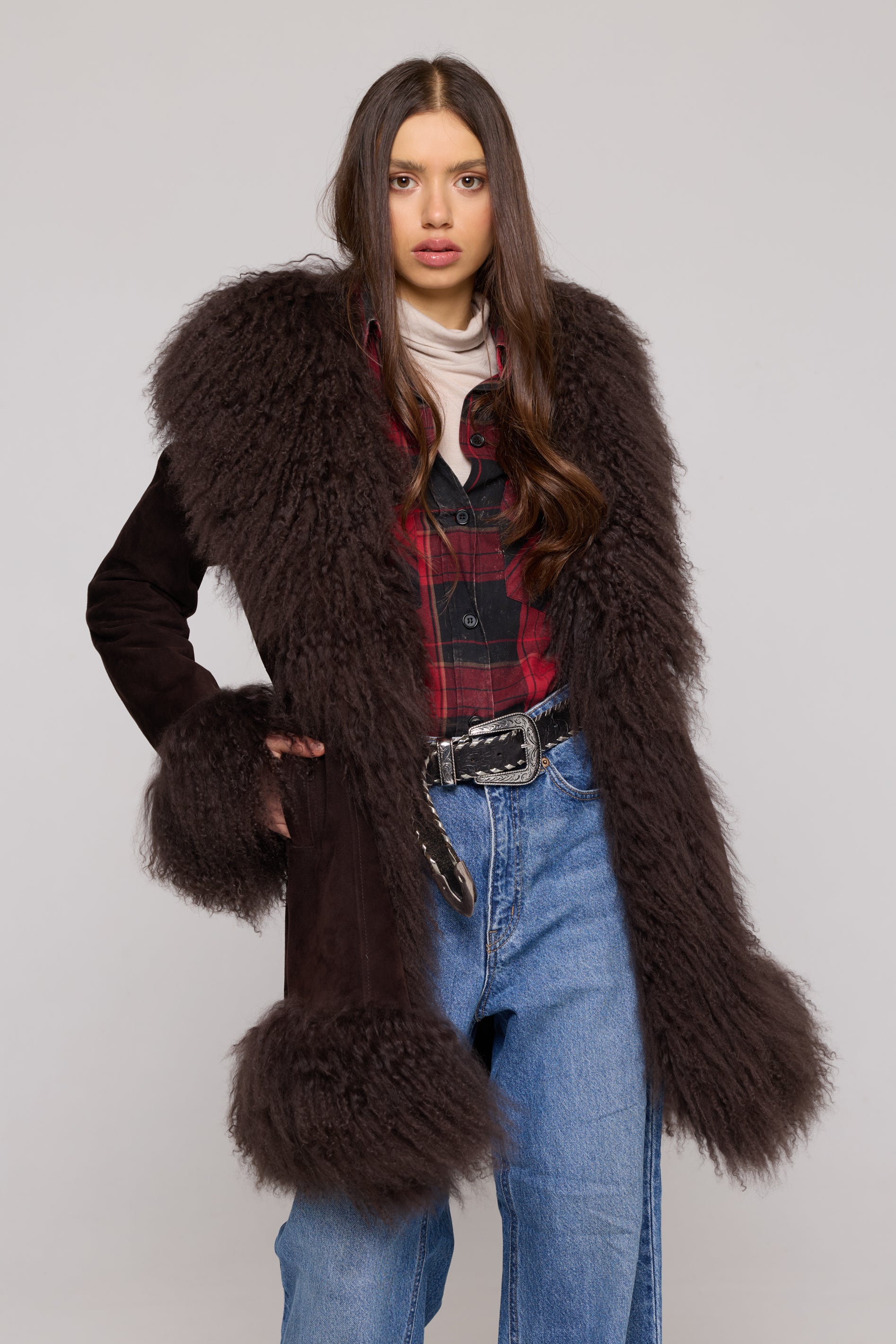 Mongolia Suede Long Jacket Brown