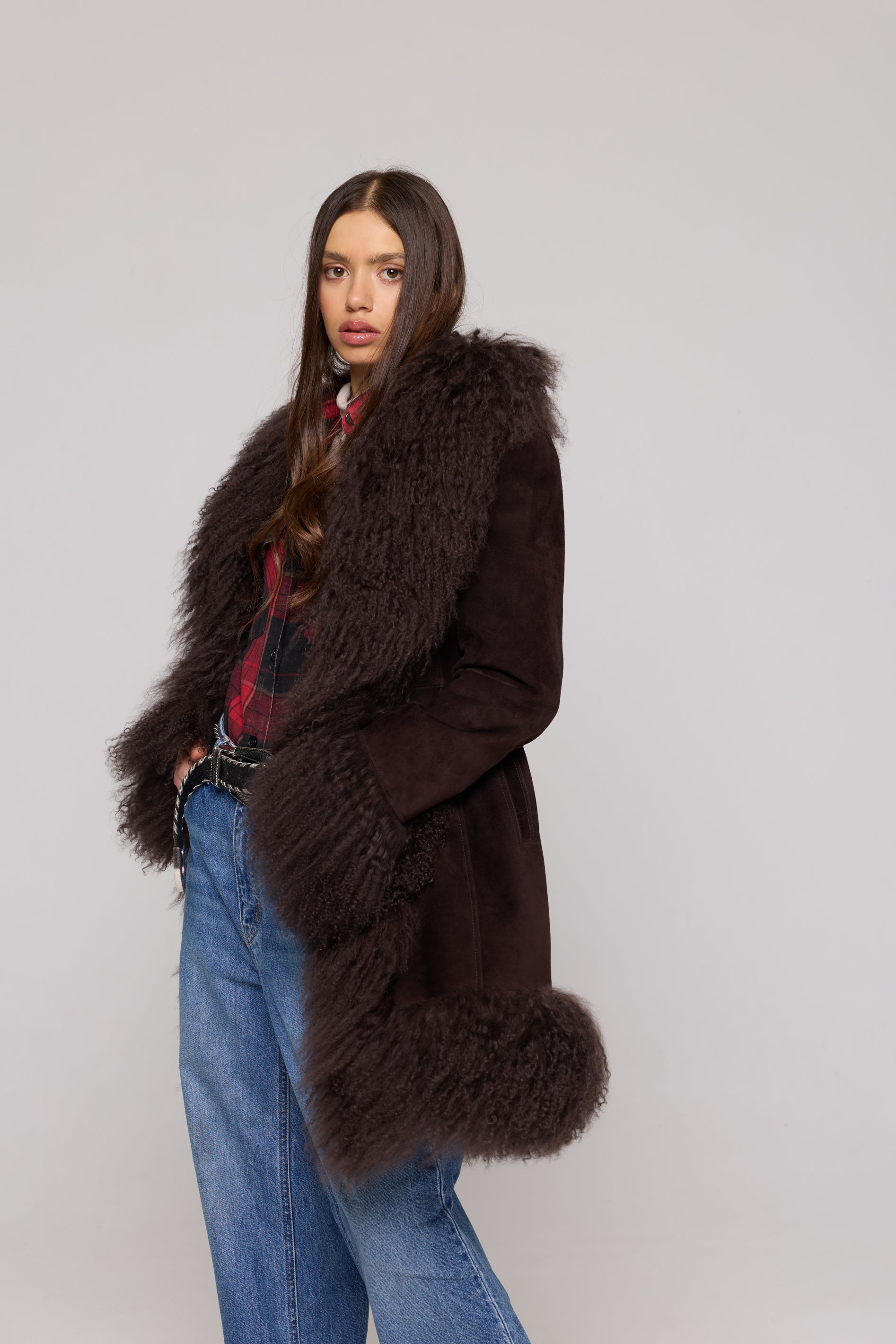 Mongolia Suede Long Jacket Brown