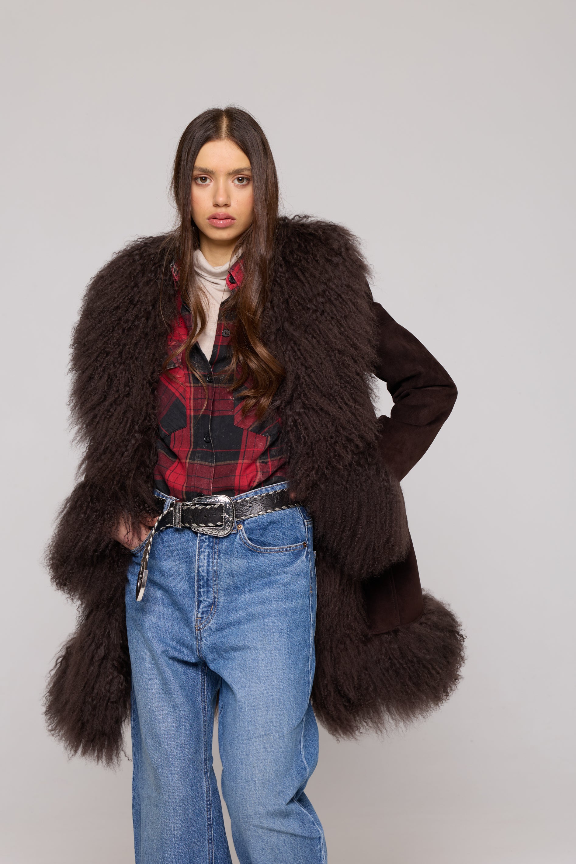 Mongolia Suede Long Jacket Brown