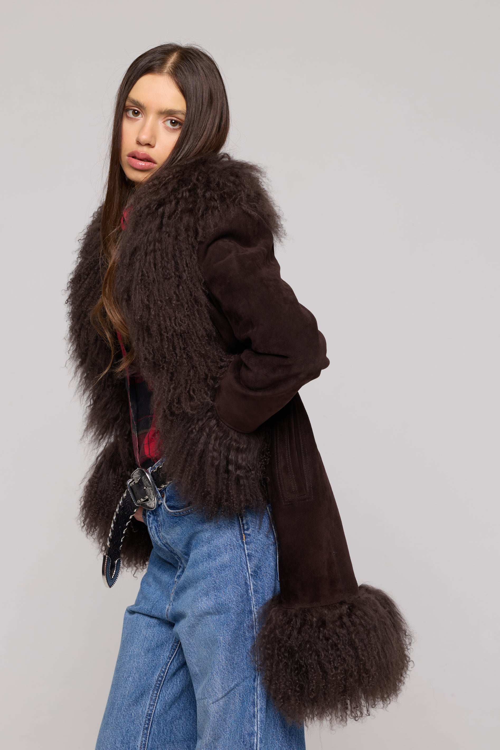 Mongolia Suede Long Jacket Brown
