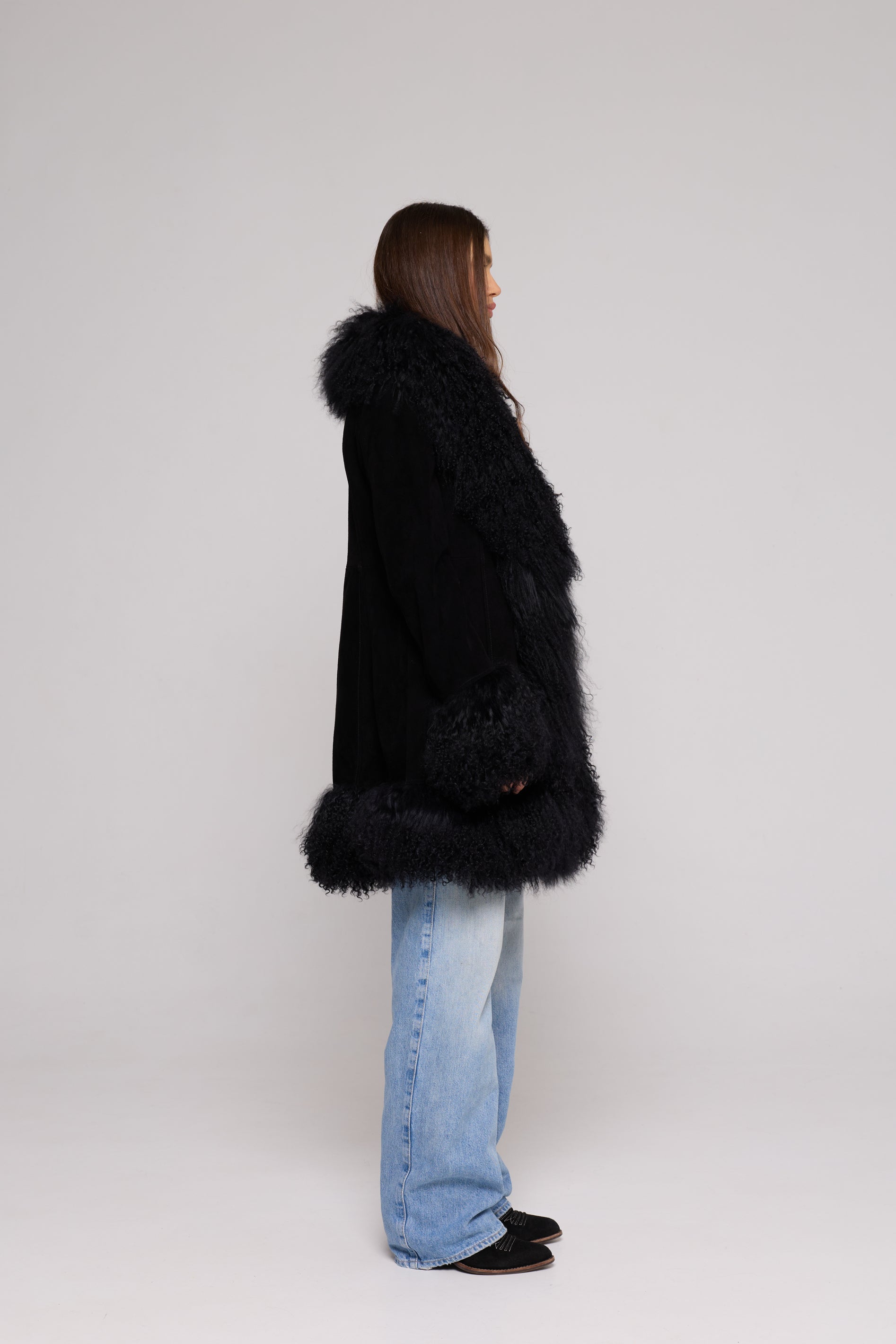 Mongolia Suede Long Jacket Black