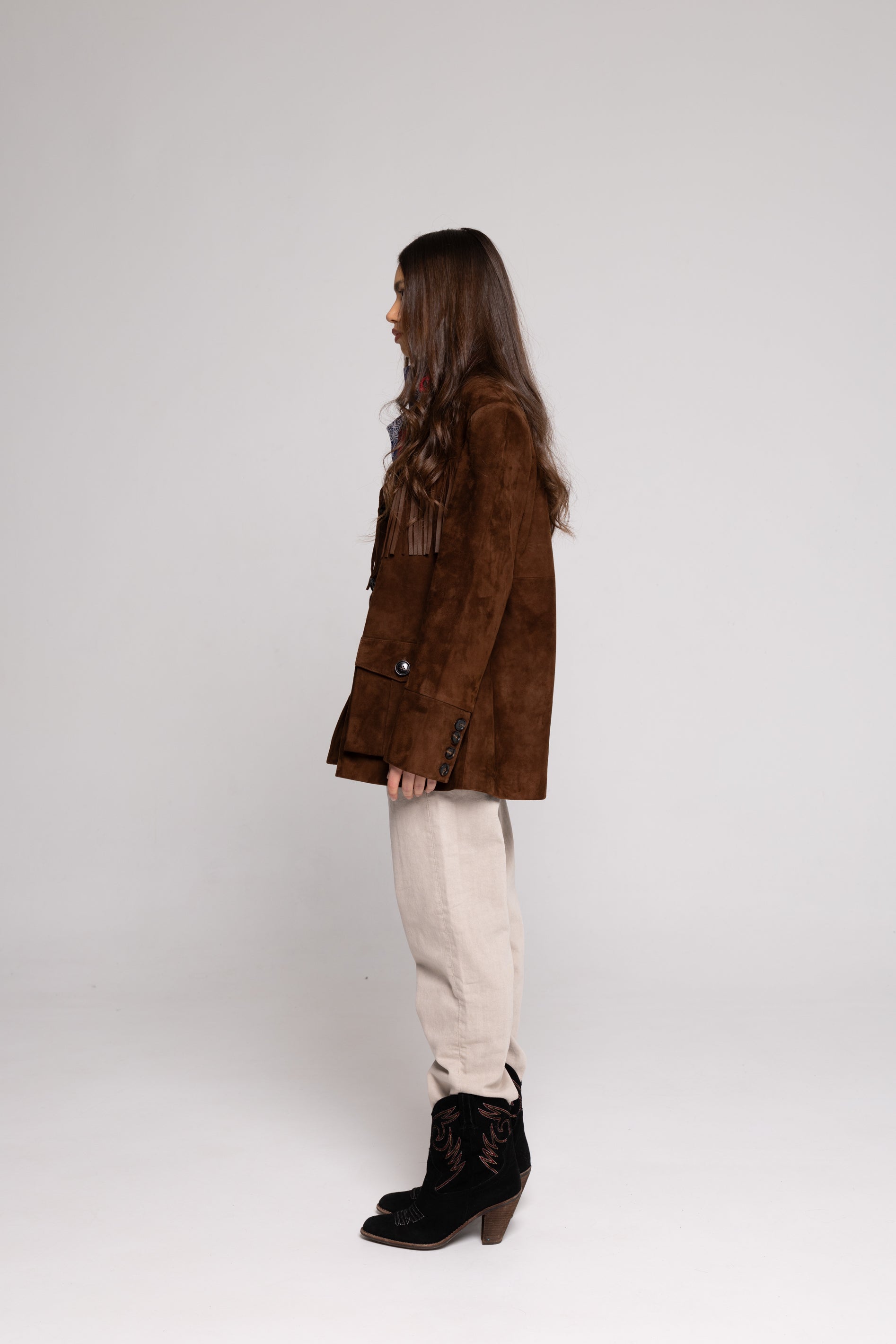 Fringe Jacket in Suede – Brown