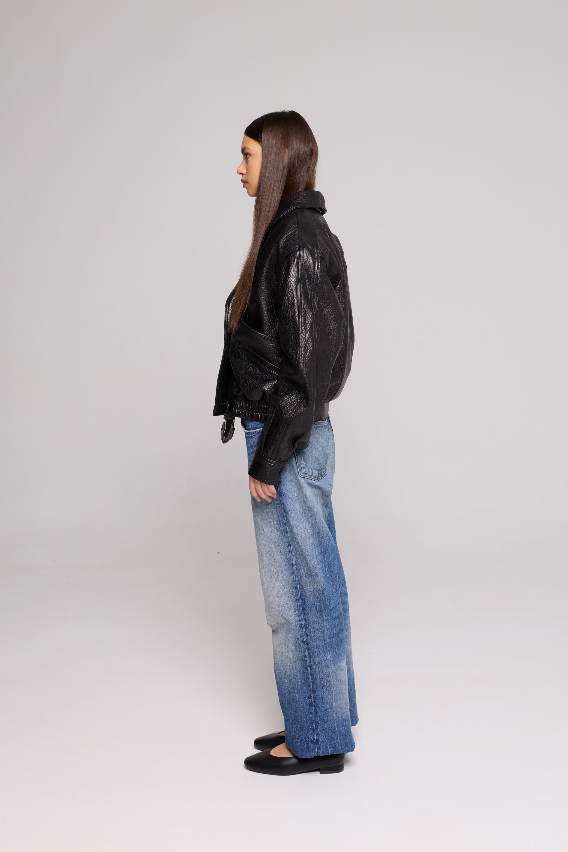 SHAWL COLLAR Black genuine leather bomber jacket