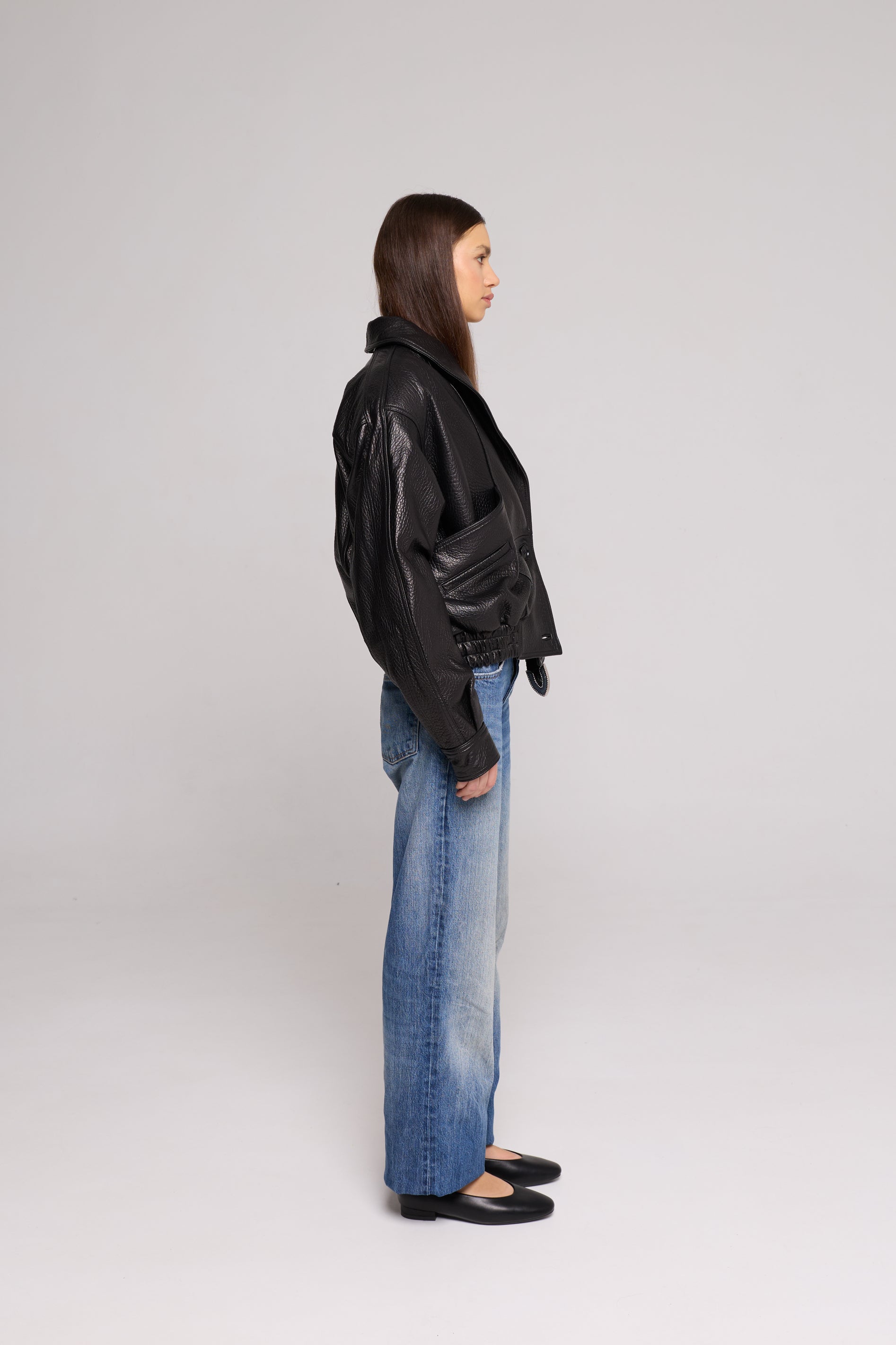 SHAWL COLLAR Black genuine leather bomber jacket