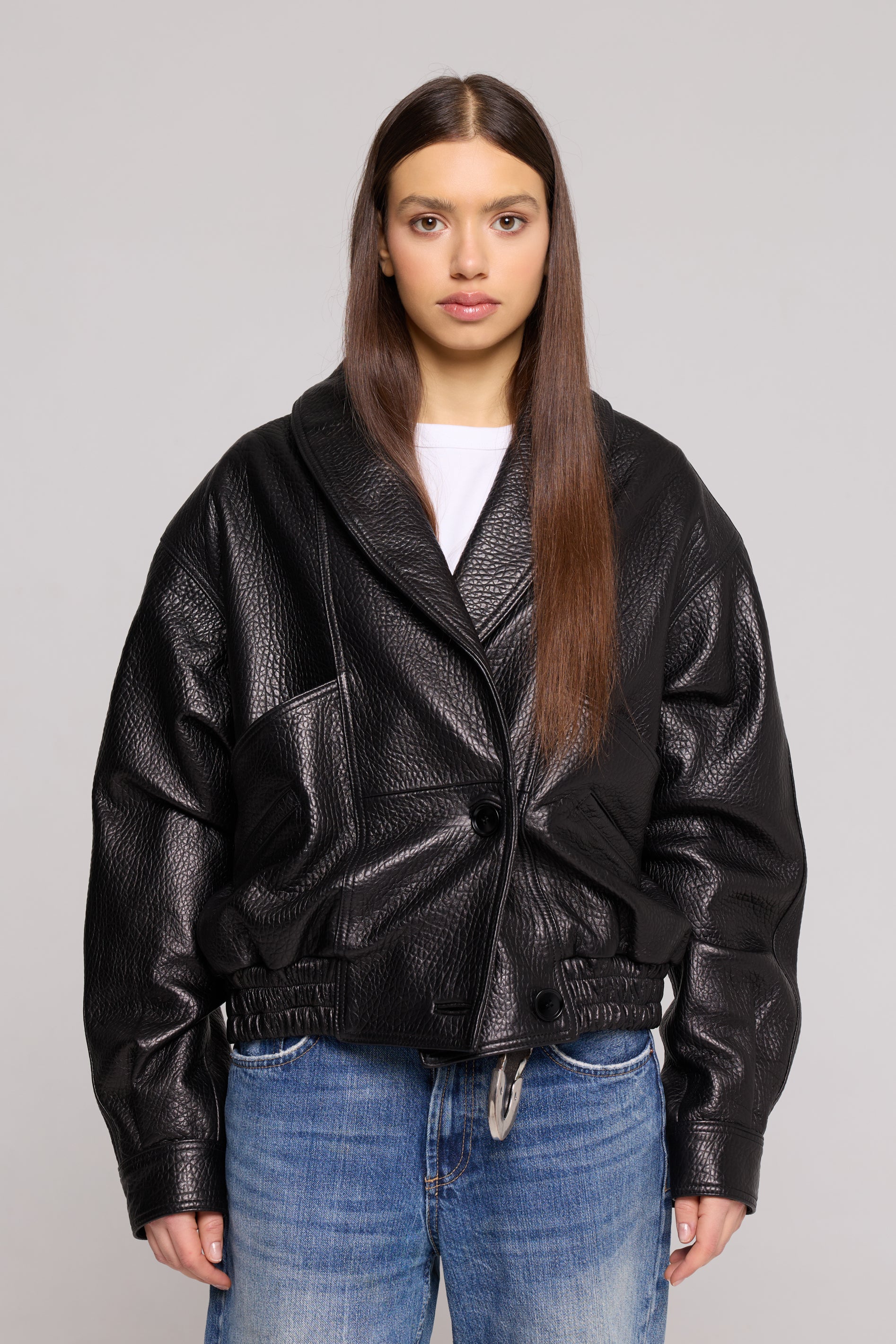 SHAWL COLLAR Black genuine leather bomber jacket