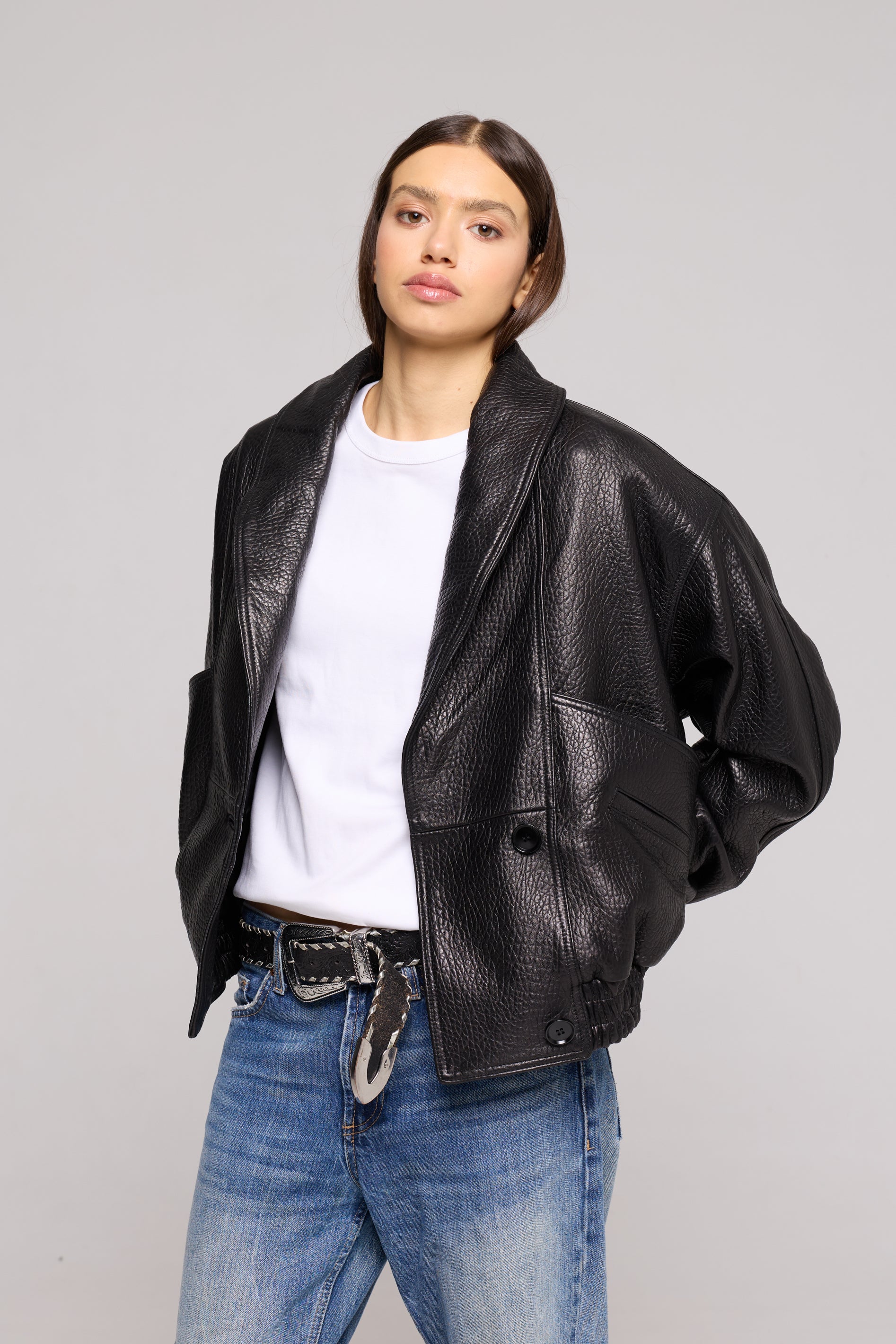 SHAWL COLLAR Black genuine leather bomber jacket