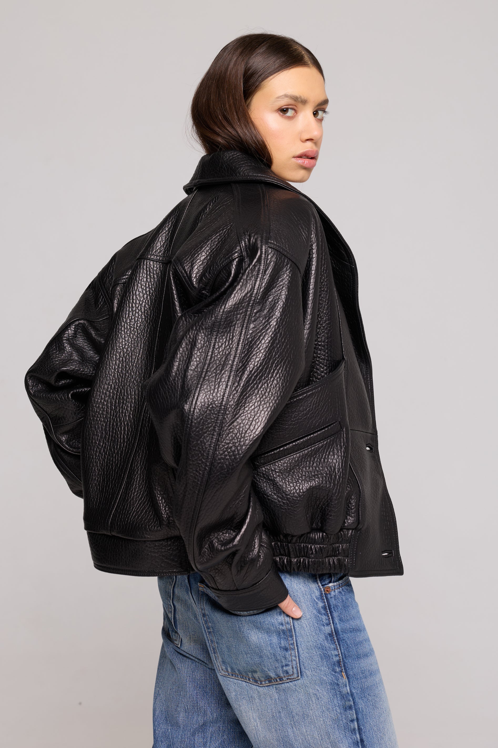 SHAWL COLLAR Black genuine leather bomber jacket
