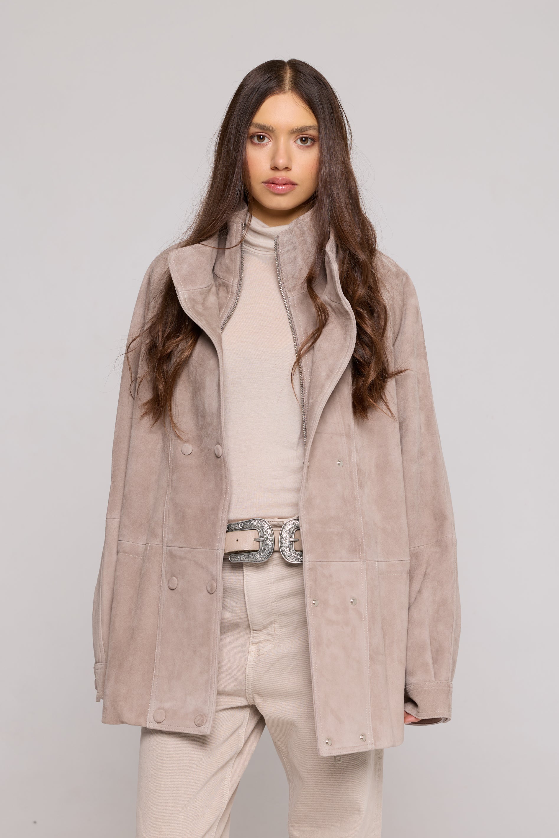 Double-breasted jacket in Suede-Sand