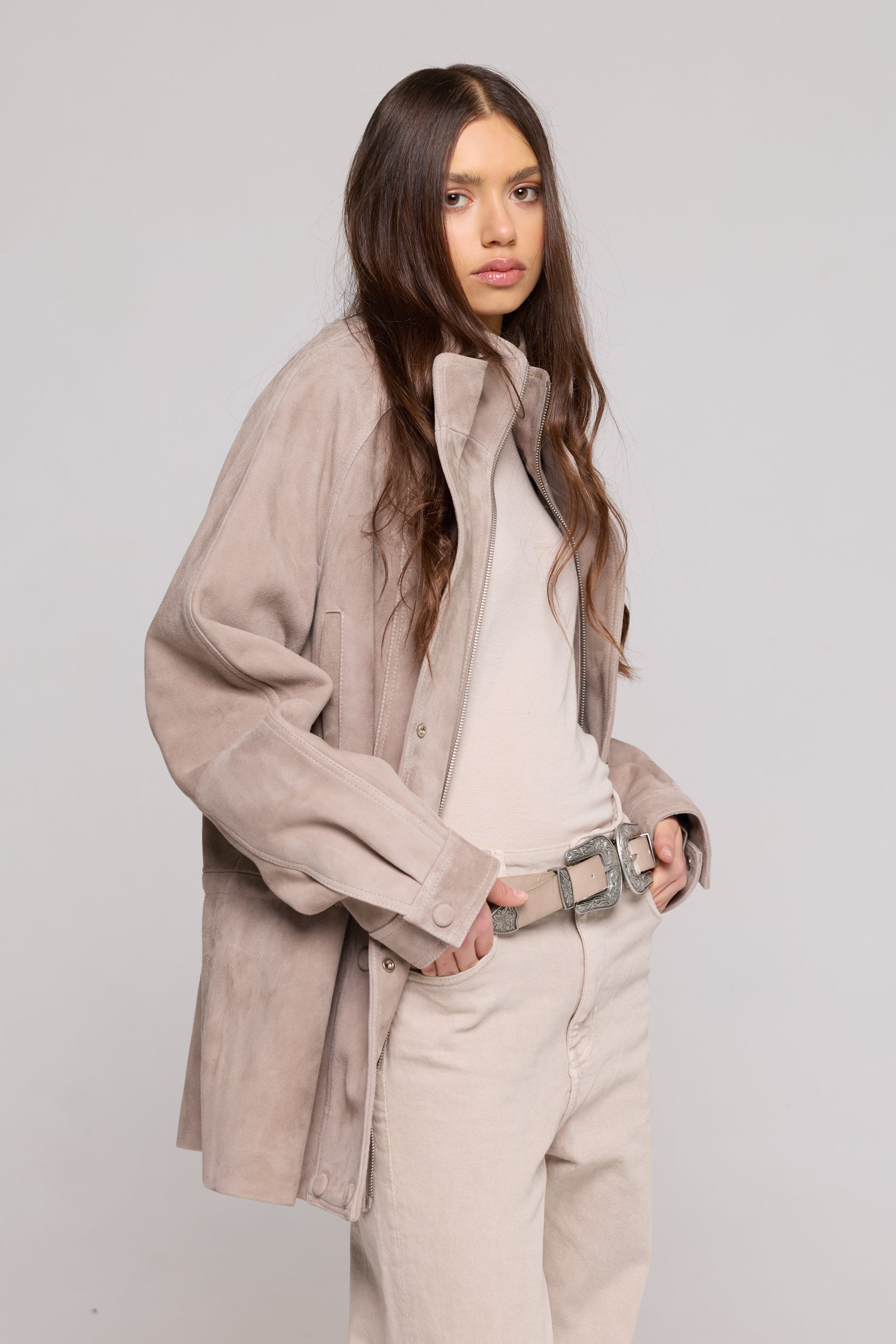 Double-breasted jacket in Suede-Sand