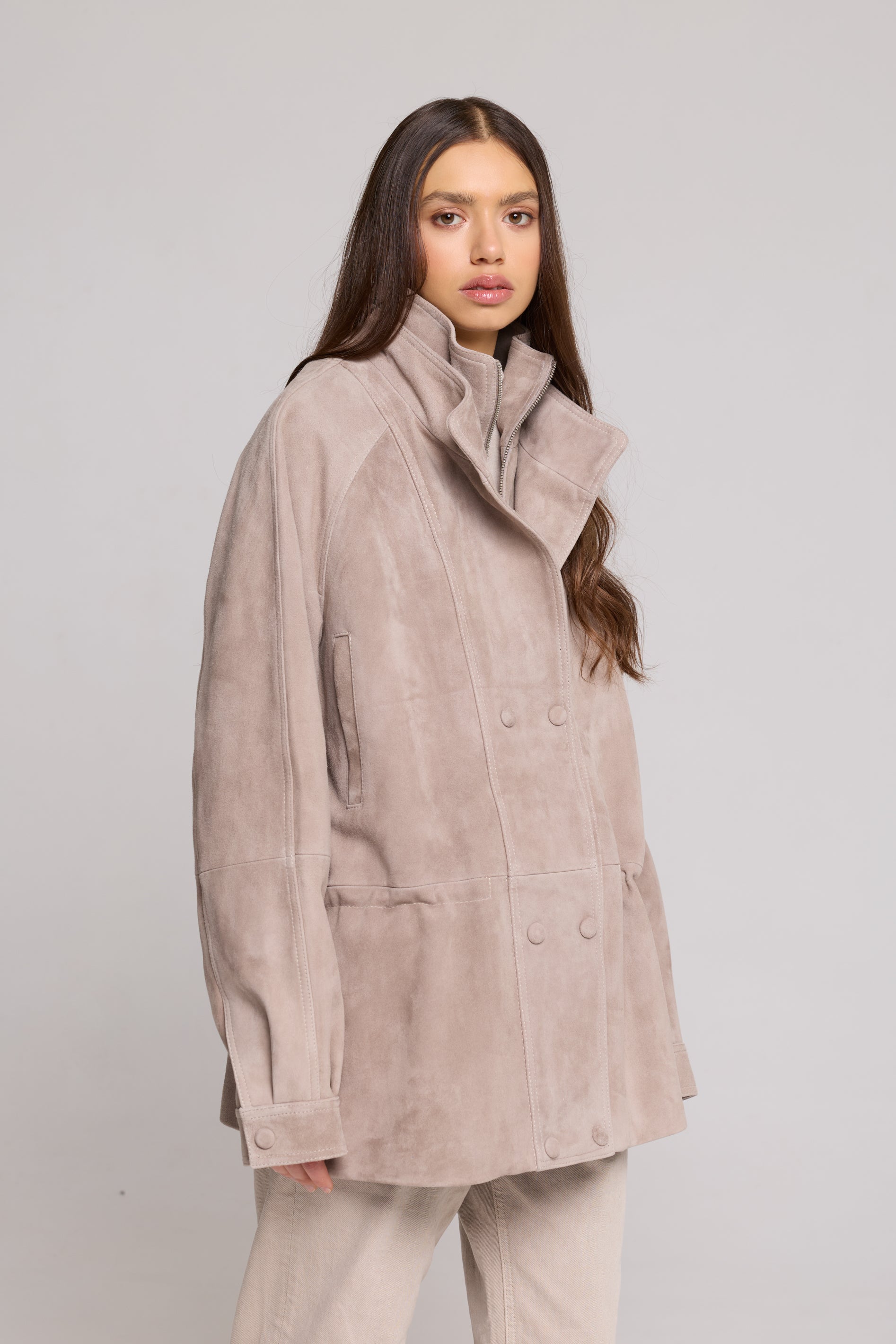 Double-breasted jacket in Suede-Sand