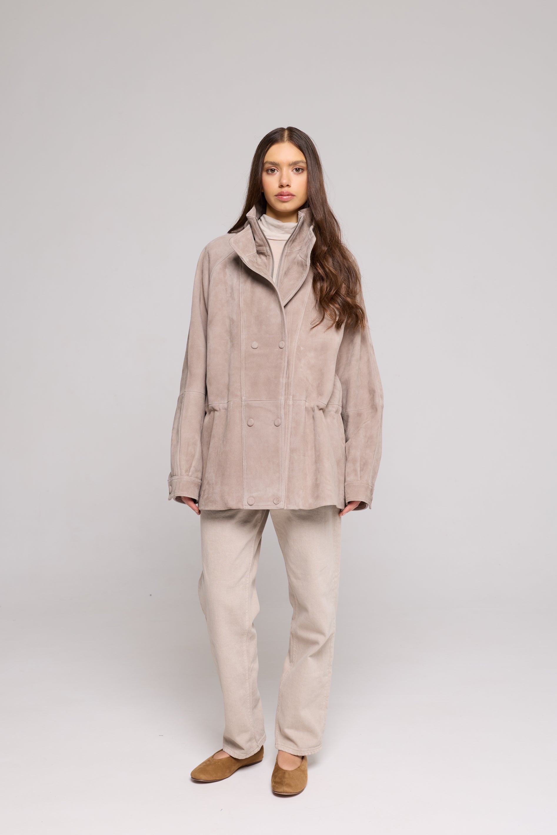 Double-breasted jacket in Suede-Sand