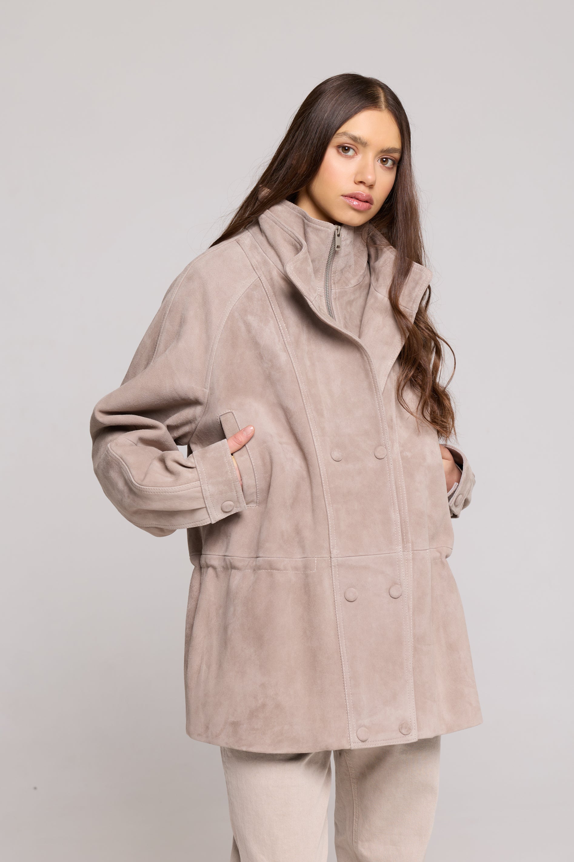 Double-breasted jacket in Suede-Sand