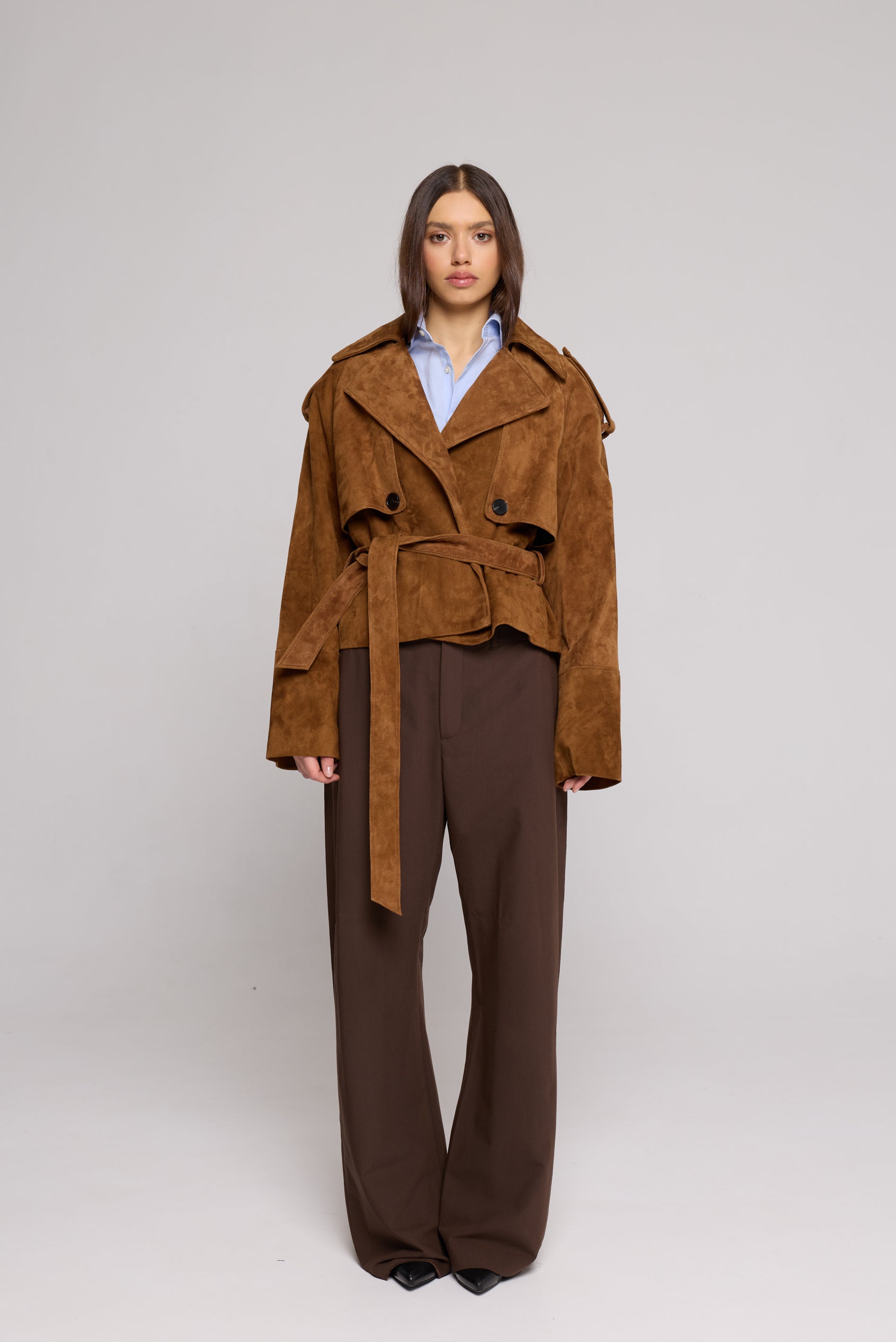 SHORT TRENCH IN SUEDE