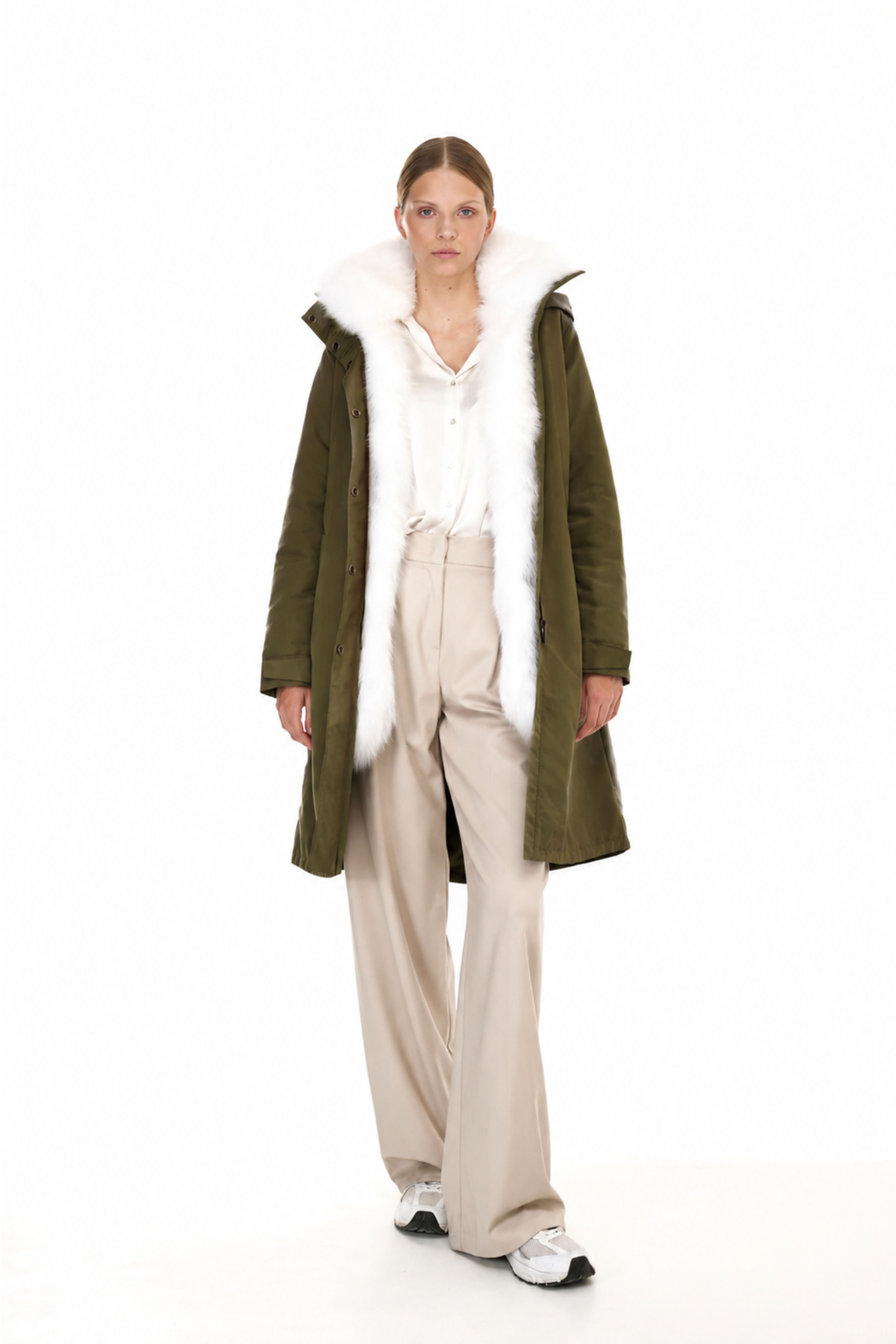 Parka X-Long Elegant WHITE FOX  con Collo Alto e Gilet in pelliccia Removibile