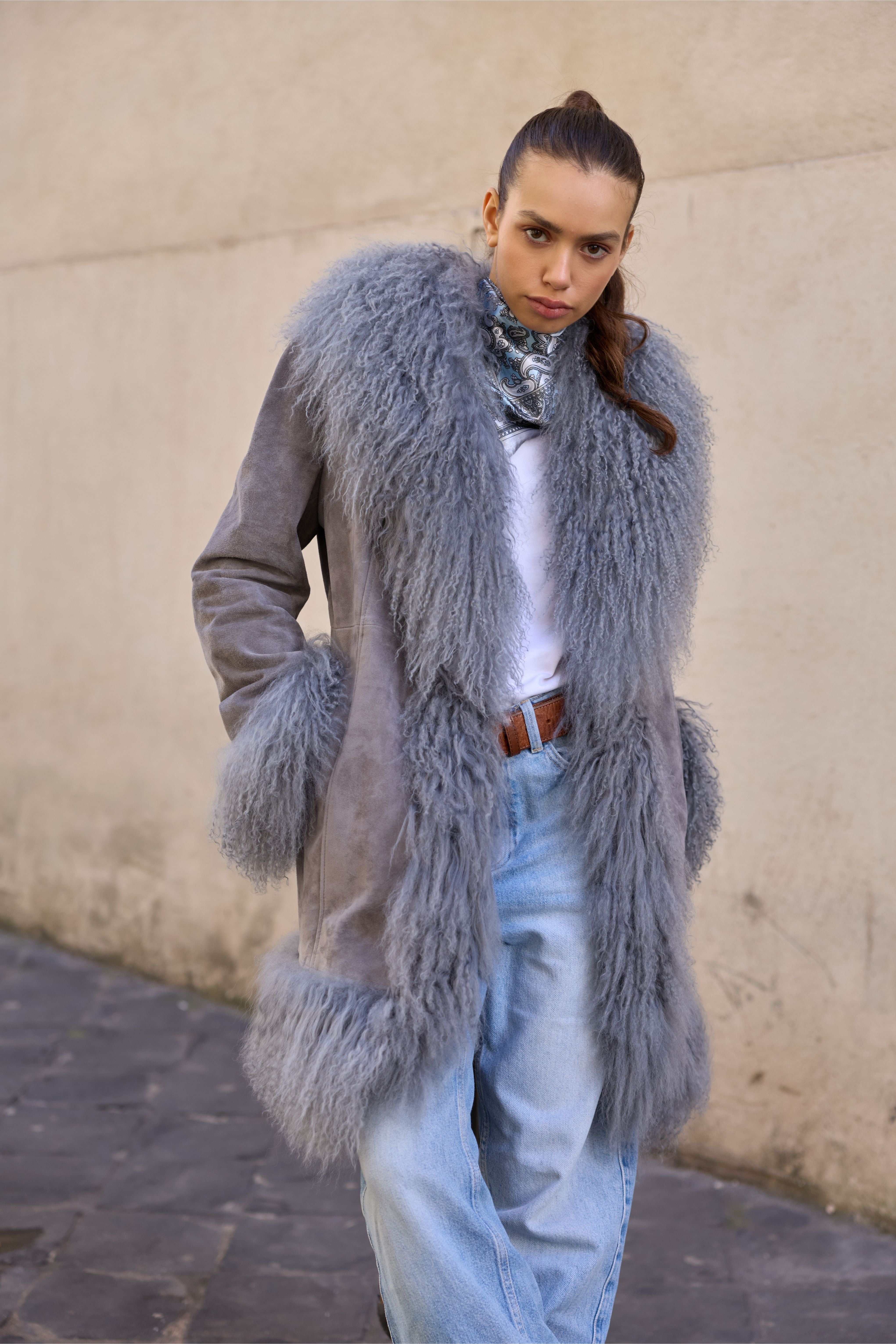 Mongolia Suede Long Jacket GRAY
