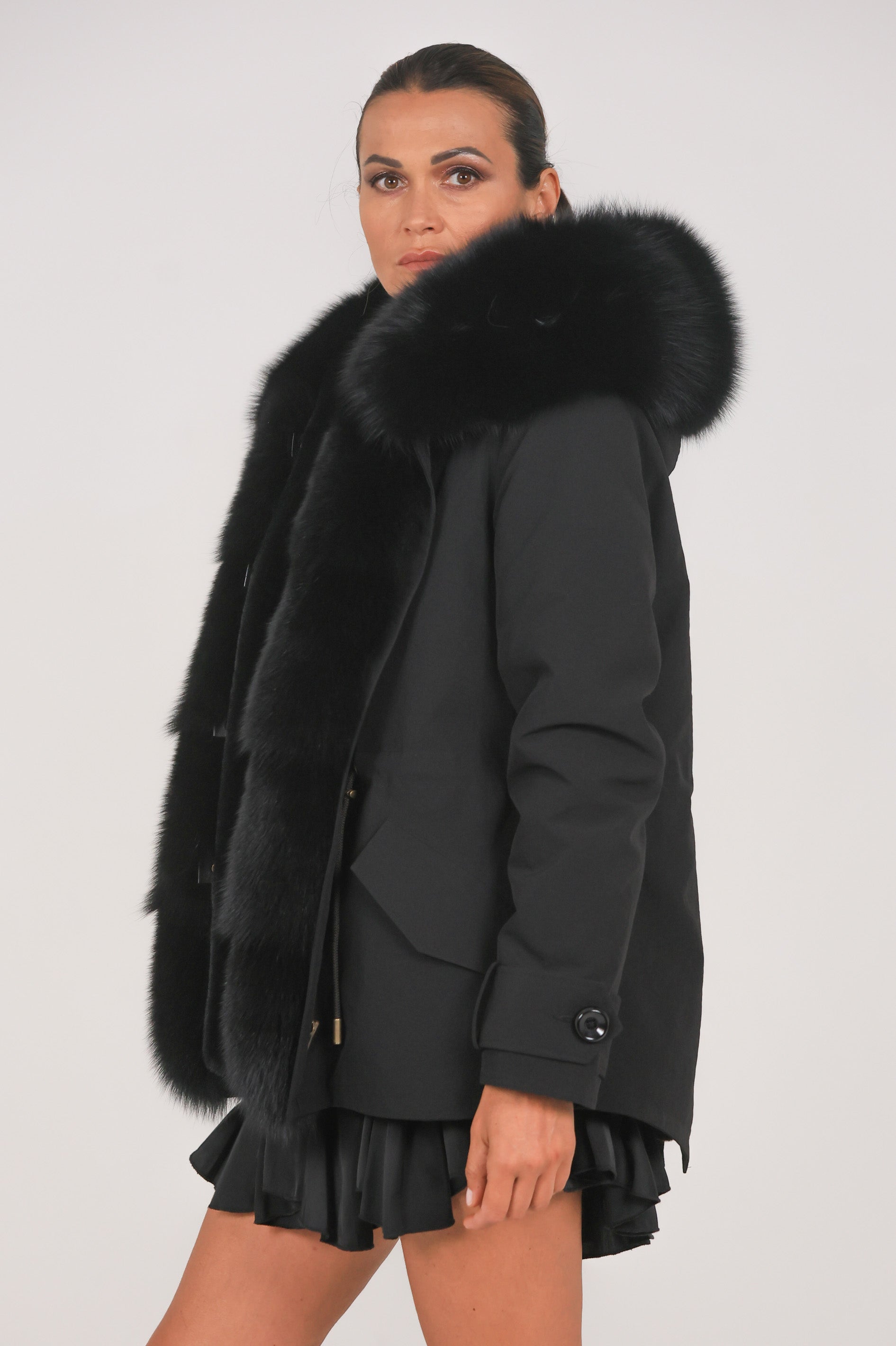 Short black waterproof technical cotton parka