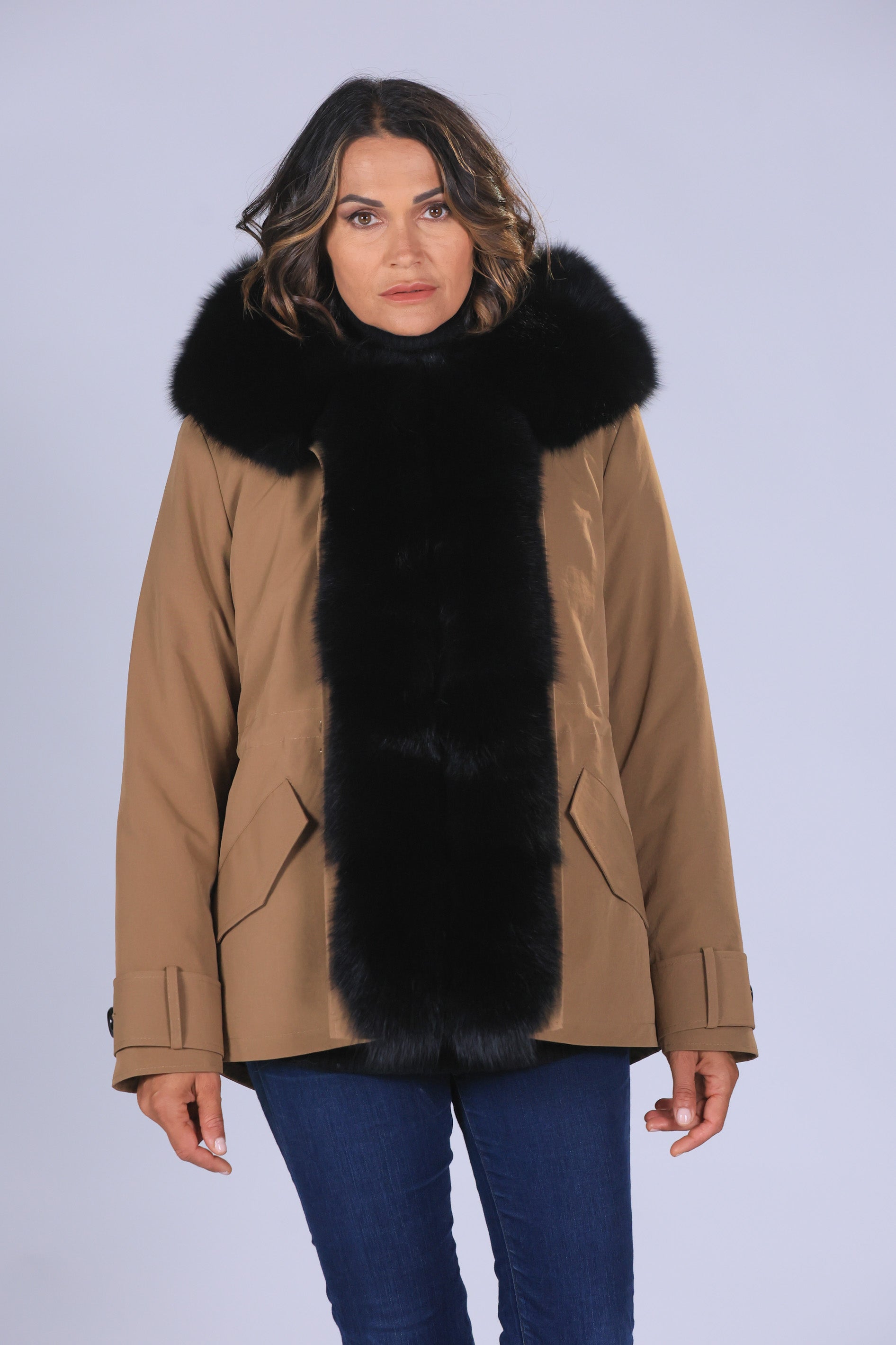 Short black waterproof technical cotton parka