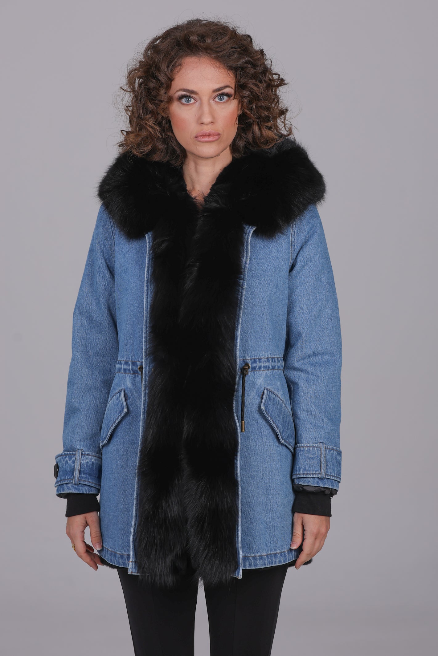 Fox black long denim parka