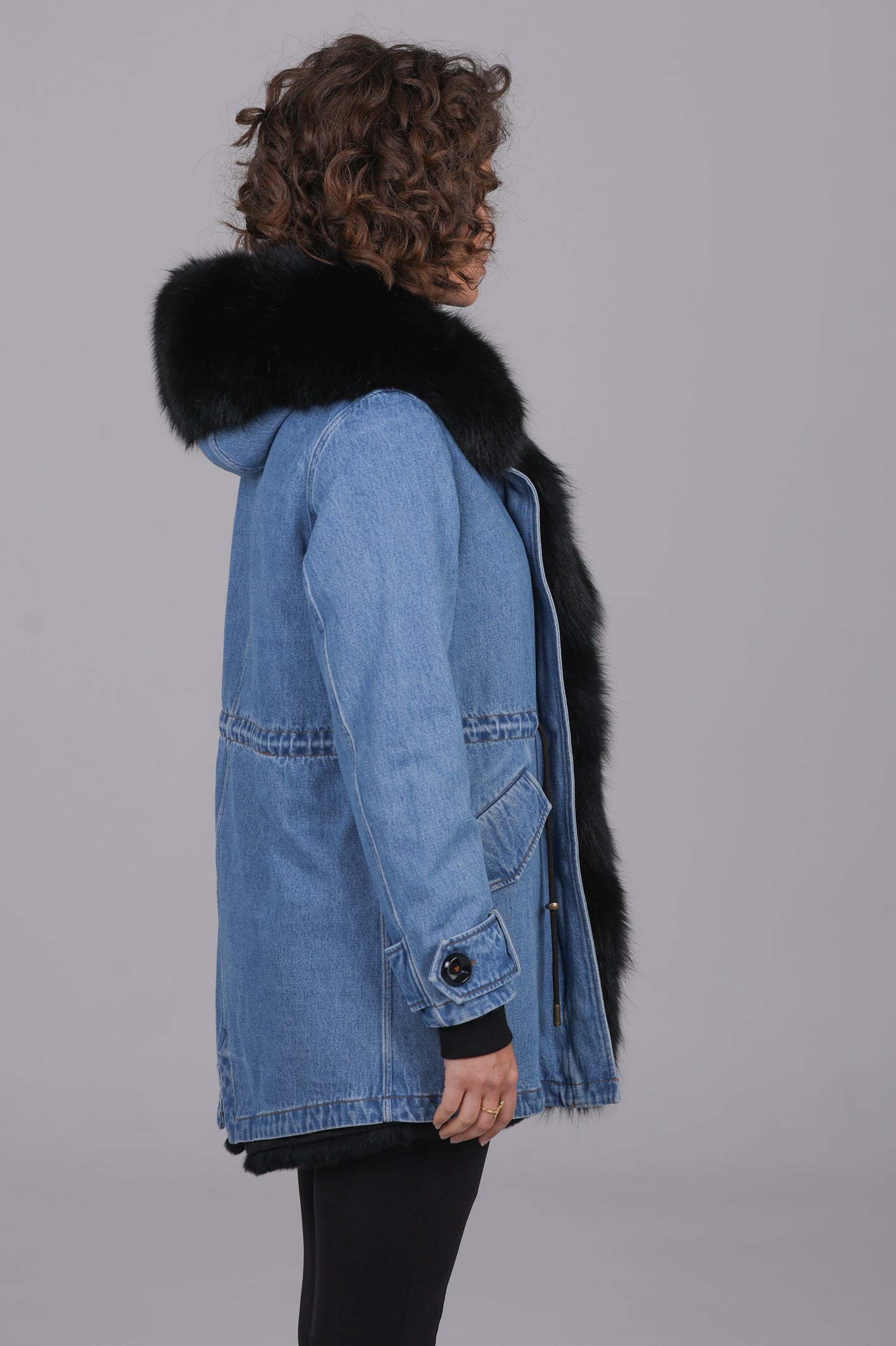 Fox black long denim parka
