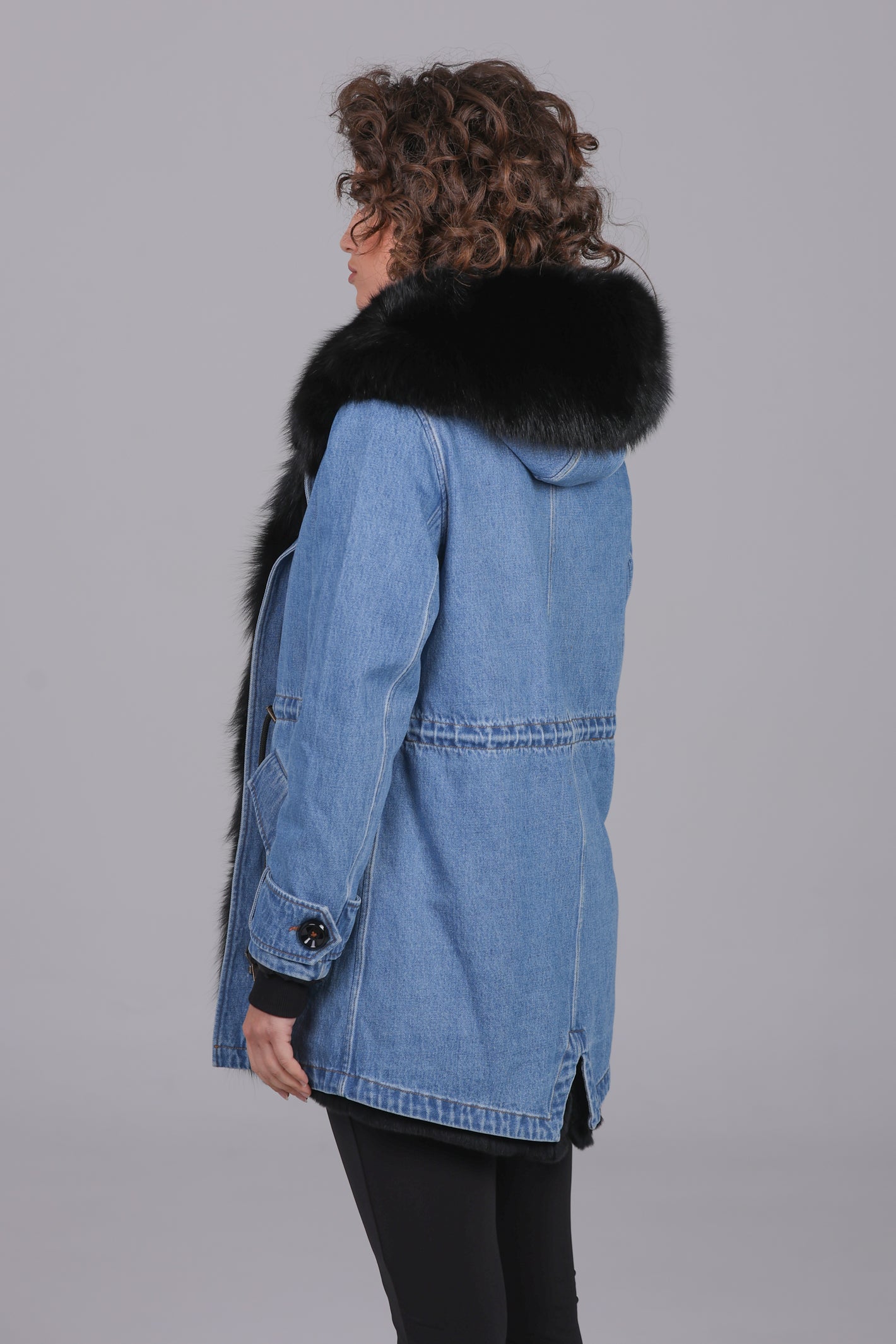 Fox black long denim parka