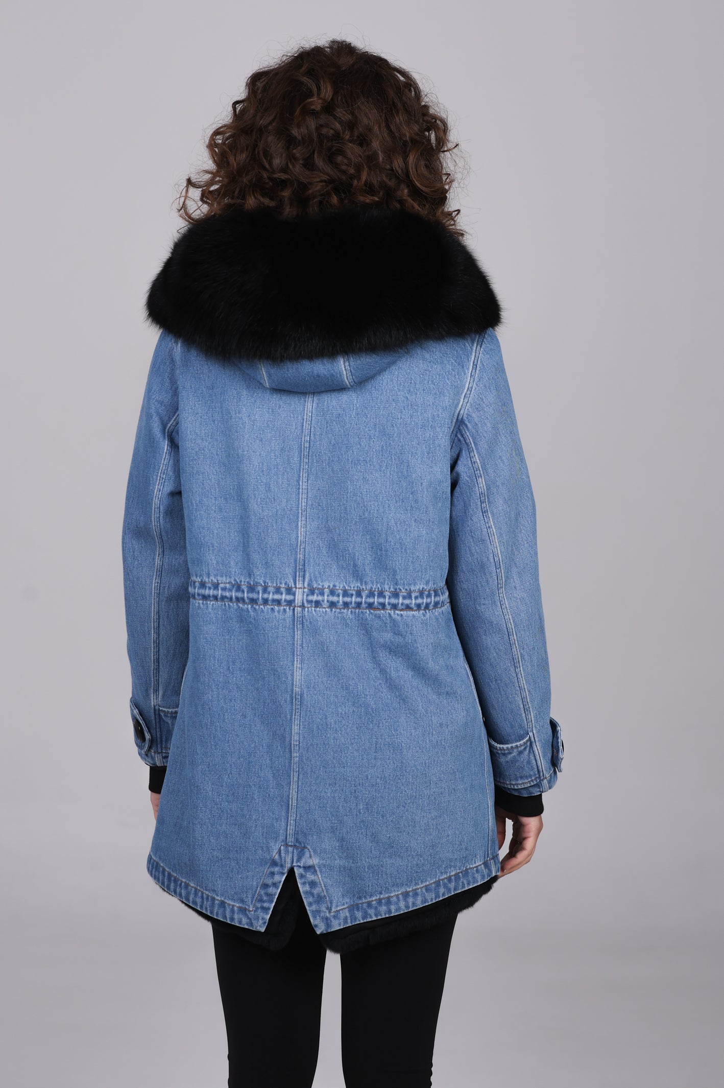 Fox black long denim parka