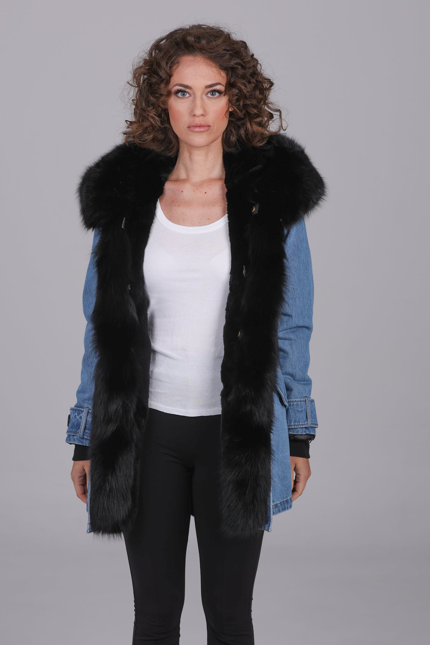 Fox black long denim parka