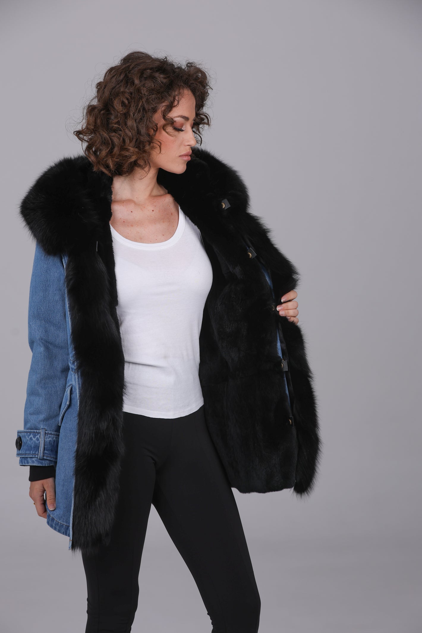 Fox black long denim parka