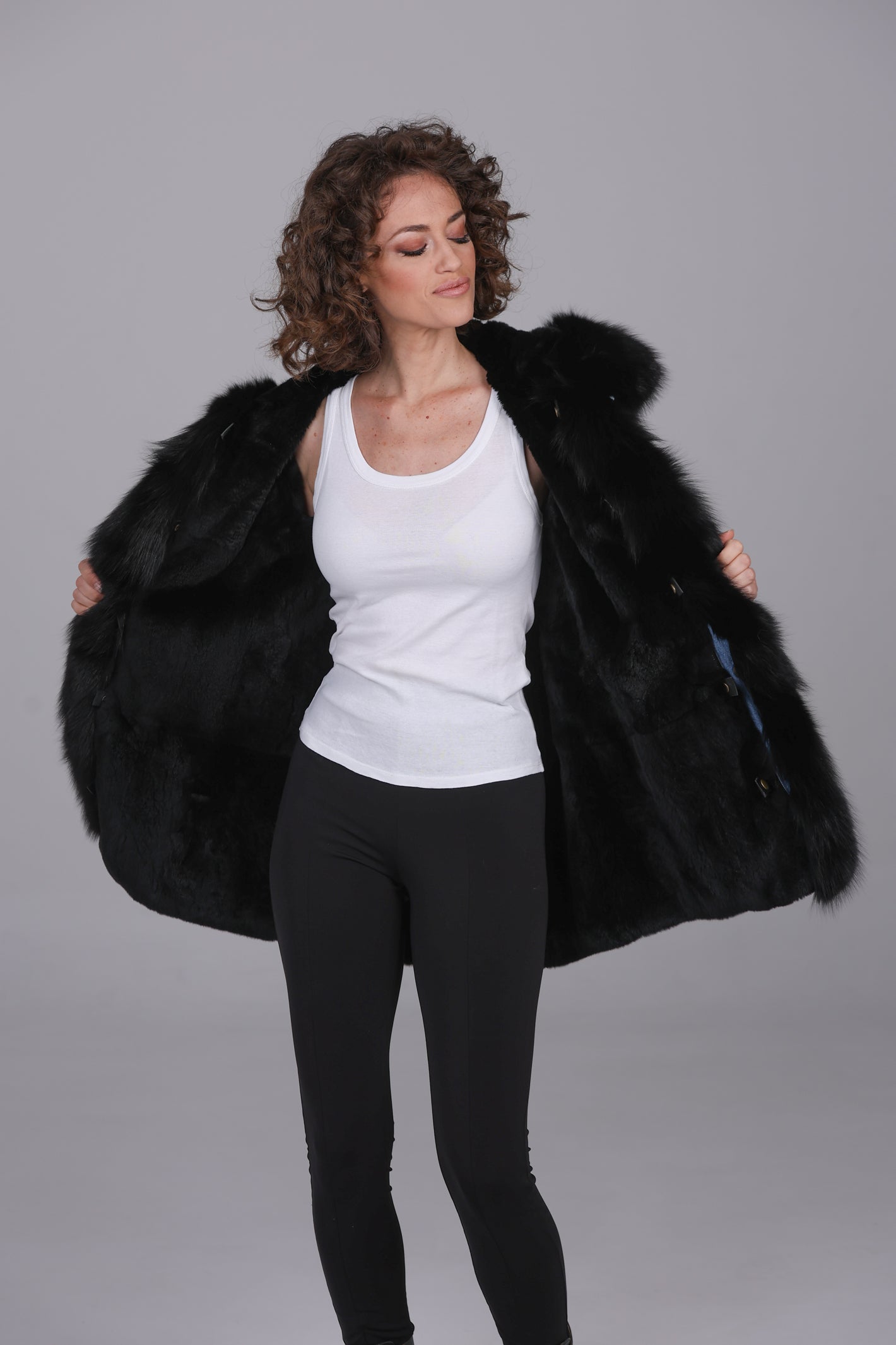 Fox black long denim parka