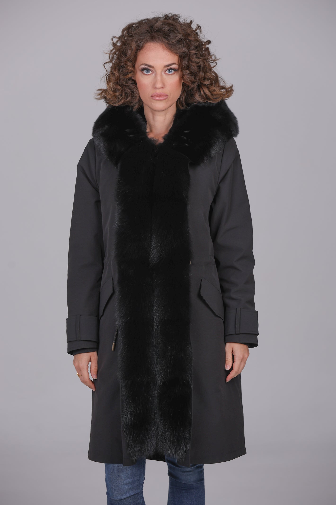 X-long black waterproof technical cotton parka