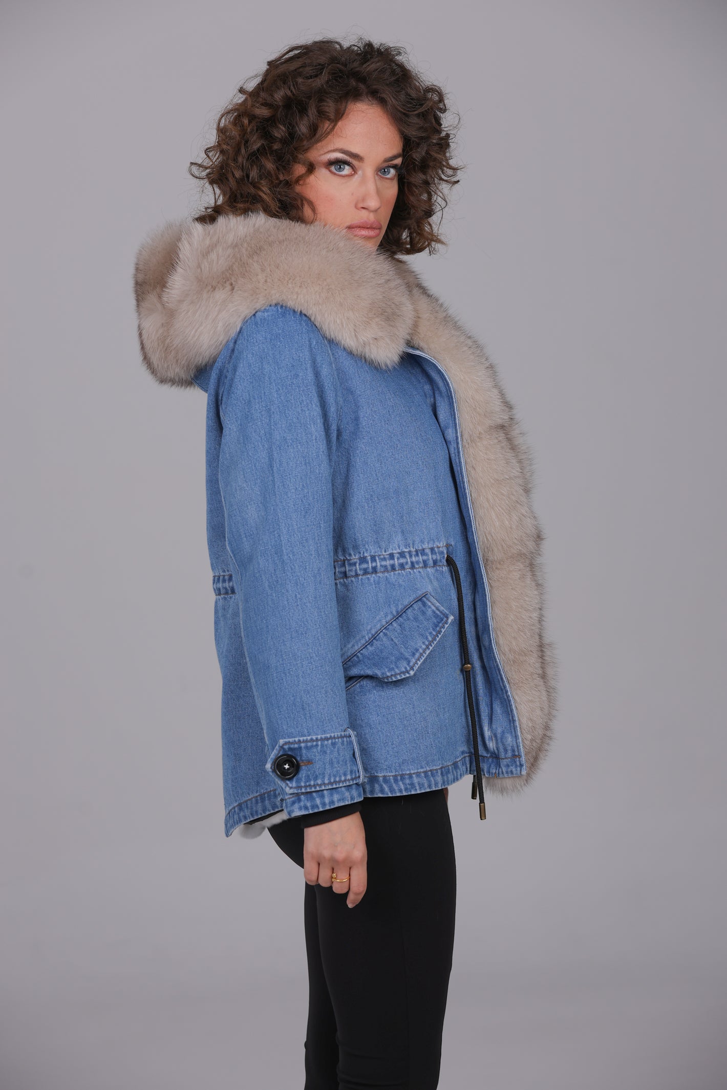 Fox denim short parka Beige