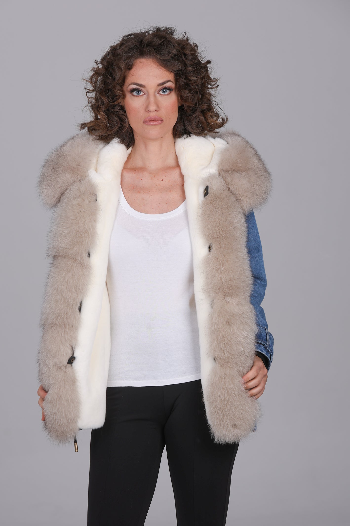 Fox denim short parka Beige