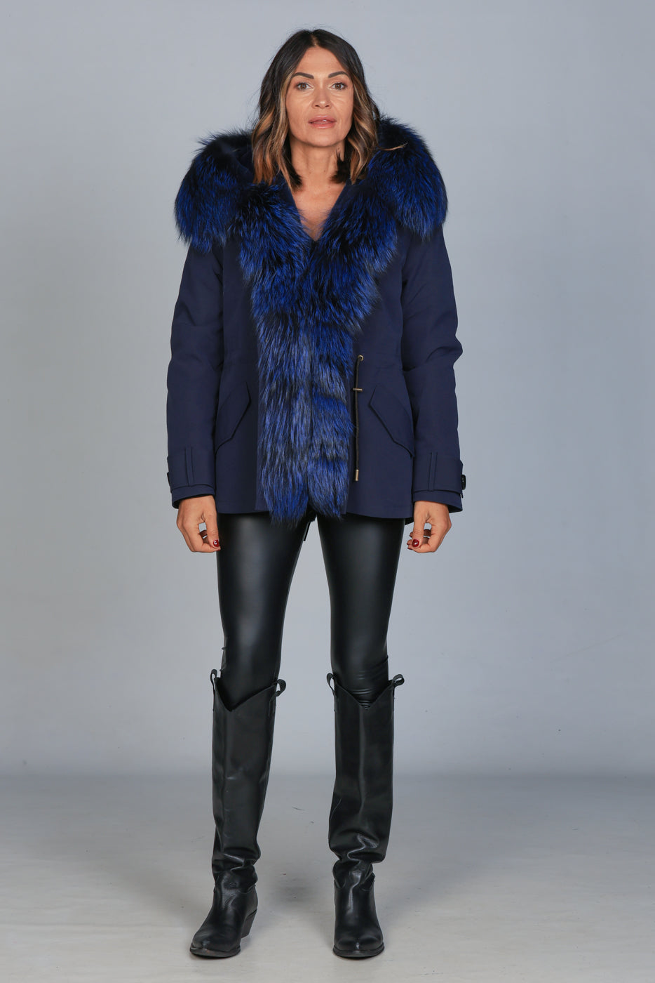 Short Luxury Silver Blue waterproof technical cotton parka