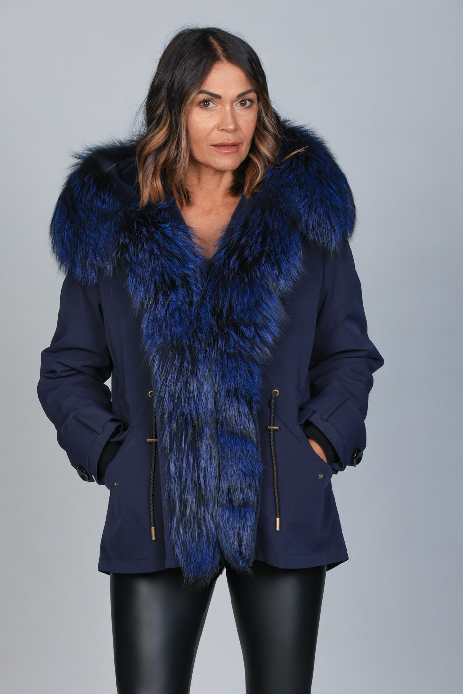 Short Luxury Silver Blue waterproof technical cotton parka