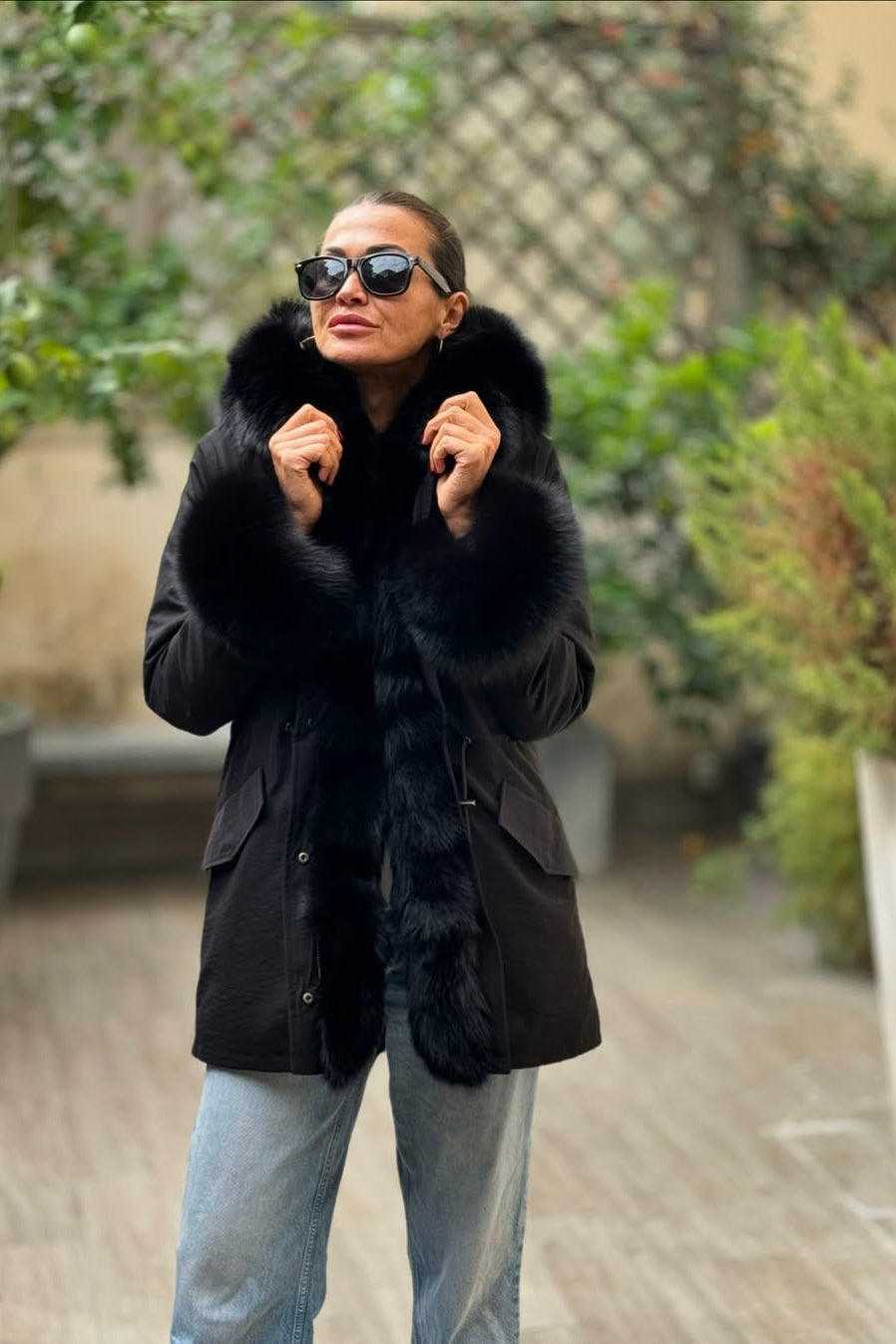 Long black waterproof technical cotton parka